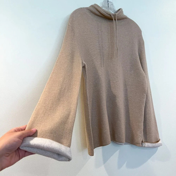 Vince Tan Wool Cashmere Blend Mock Neck Drawstring Bell Sleeve Pullover Sweater - Picture 5 of 10